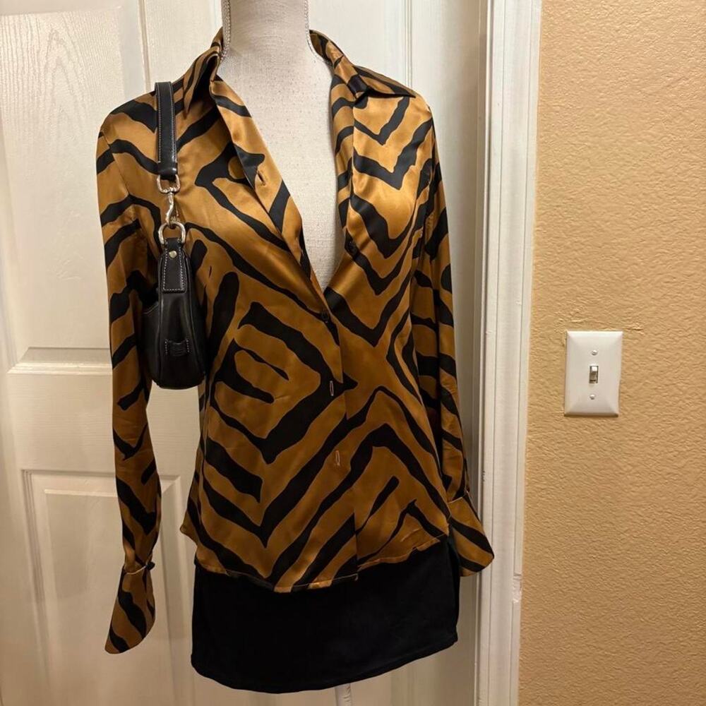 Kasper black and brown zebra print silk top. Size 6